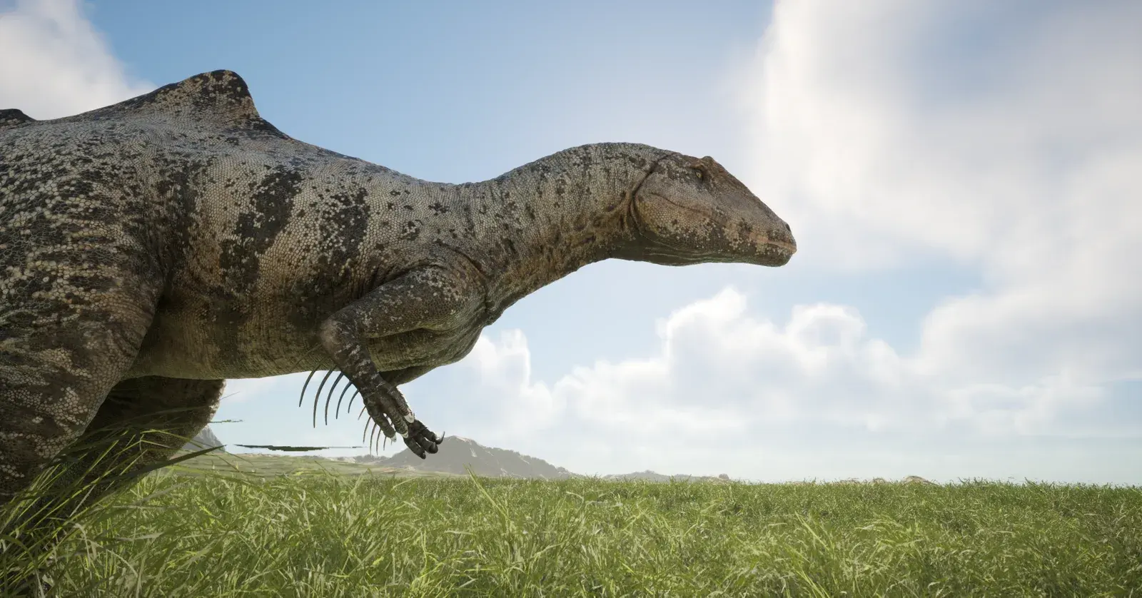Side profile of a sail-backed dinosaur moving through tall grass