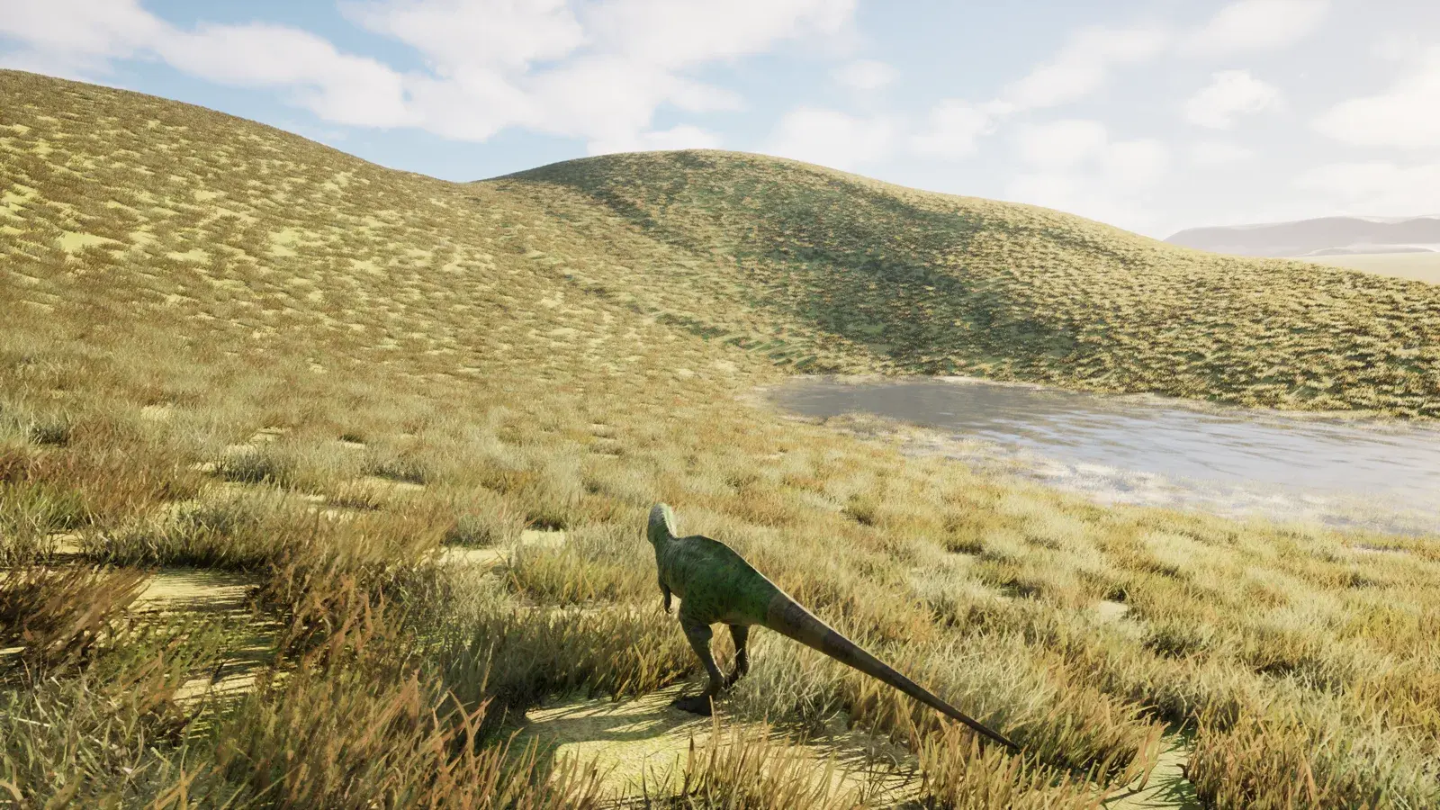 Green theropod walking grassy hills toward a pond in AEXA