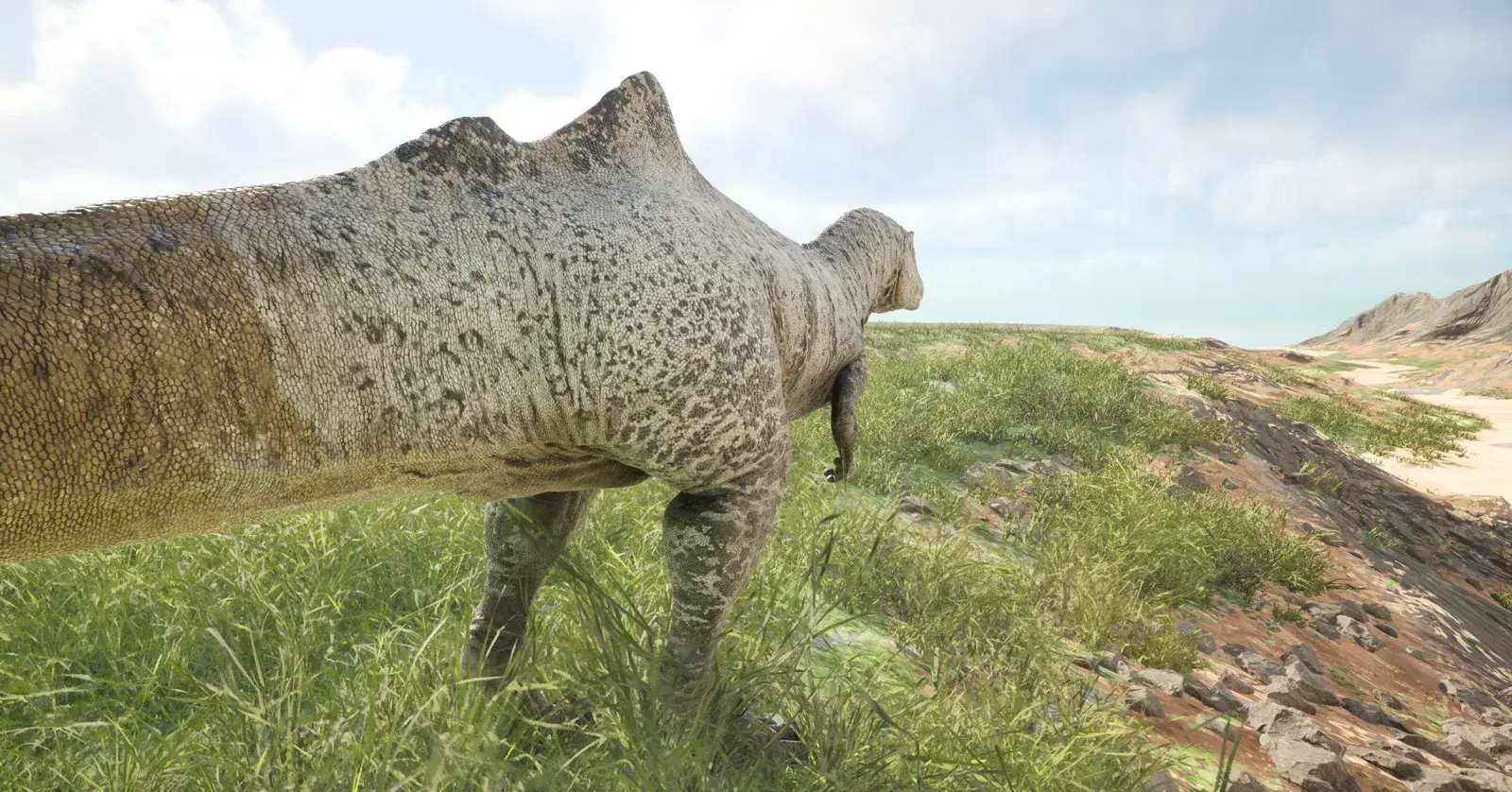 Light-skinned theropod standing in grassland beside arid terrain