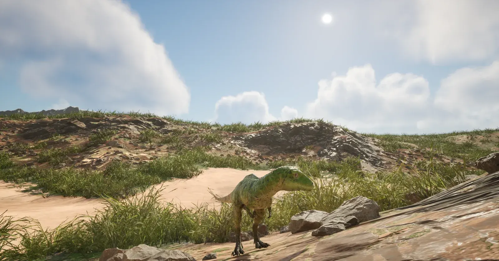 Small green bipedal dinosaur in a sunlit rocky clearing