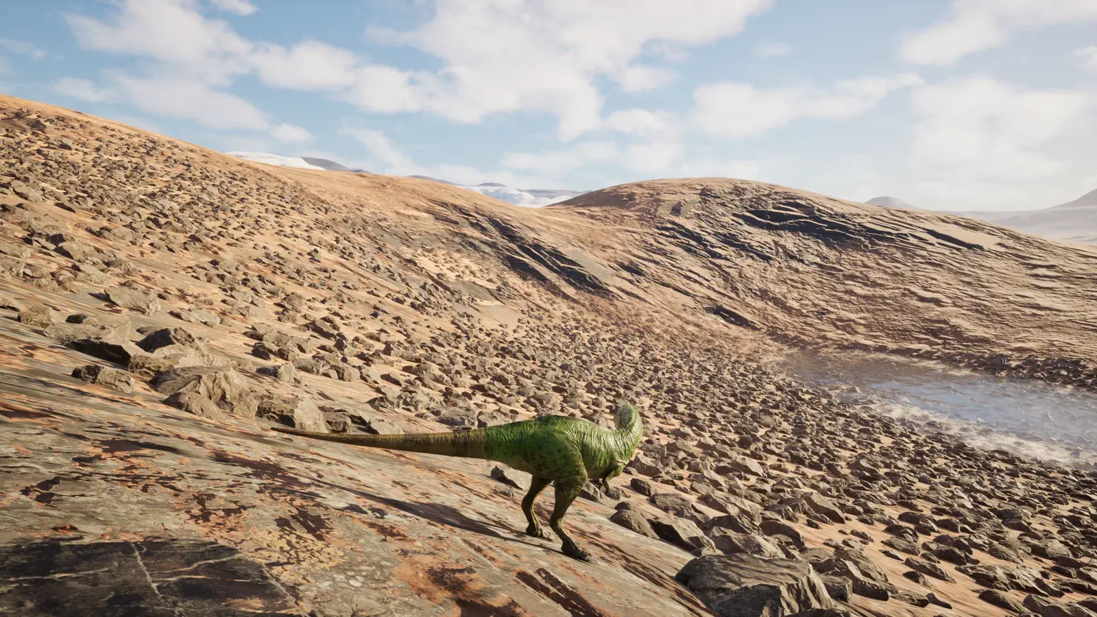 Dinosaur descending a rocky desert slope under open sky