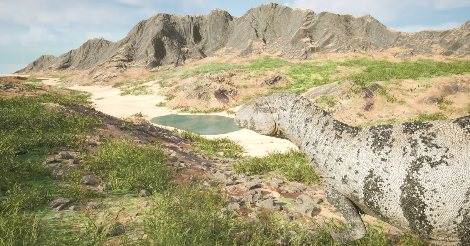 Wide valley, turquoise pond, and mountain horizon from AEXA