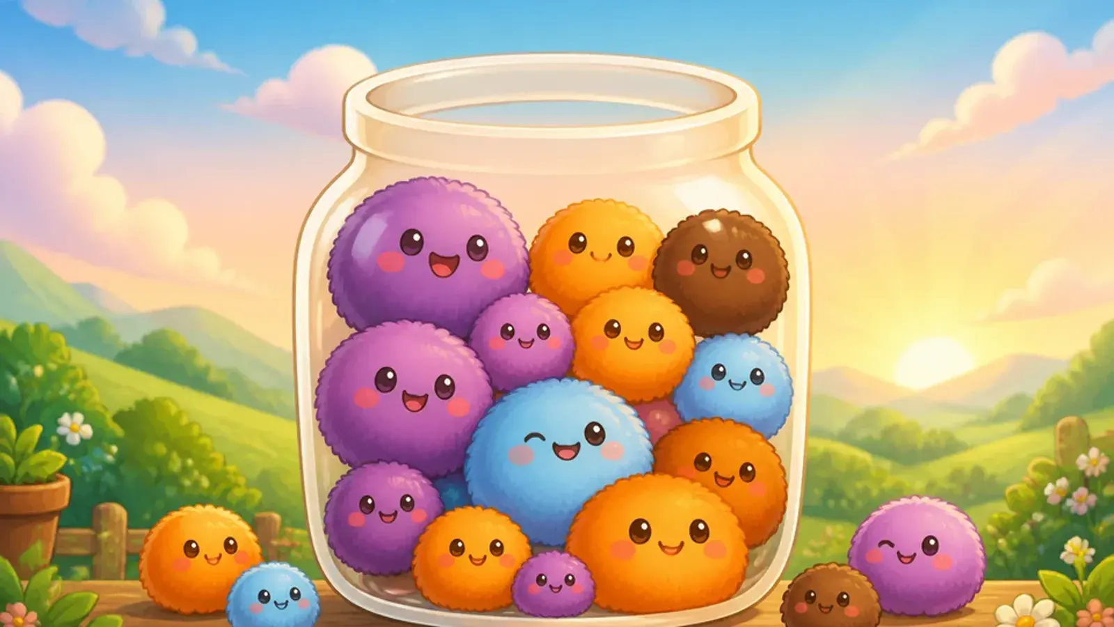 Pocket Puffs cover art — fluffy merge creatures in a glass jar