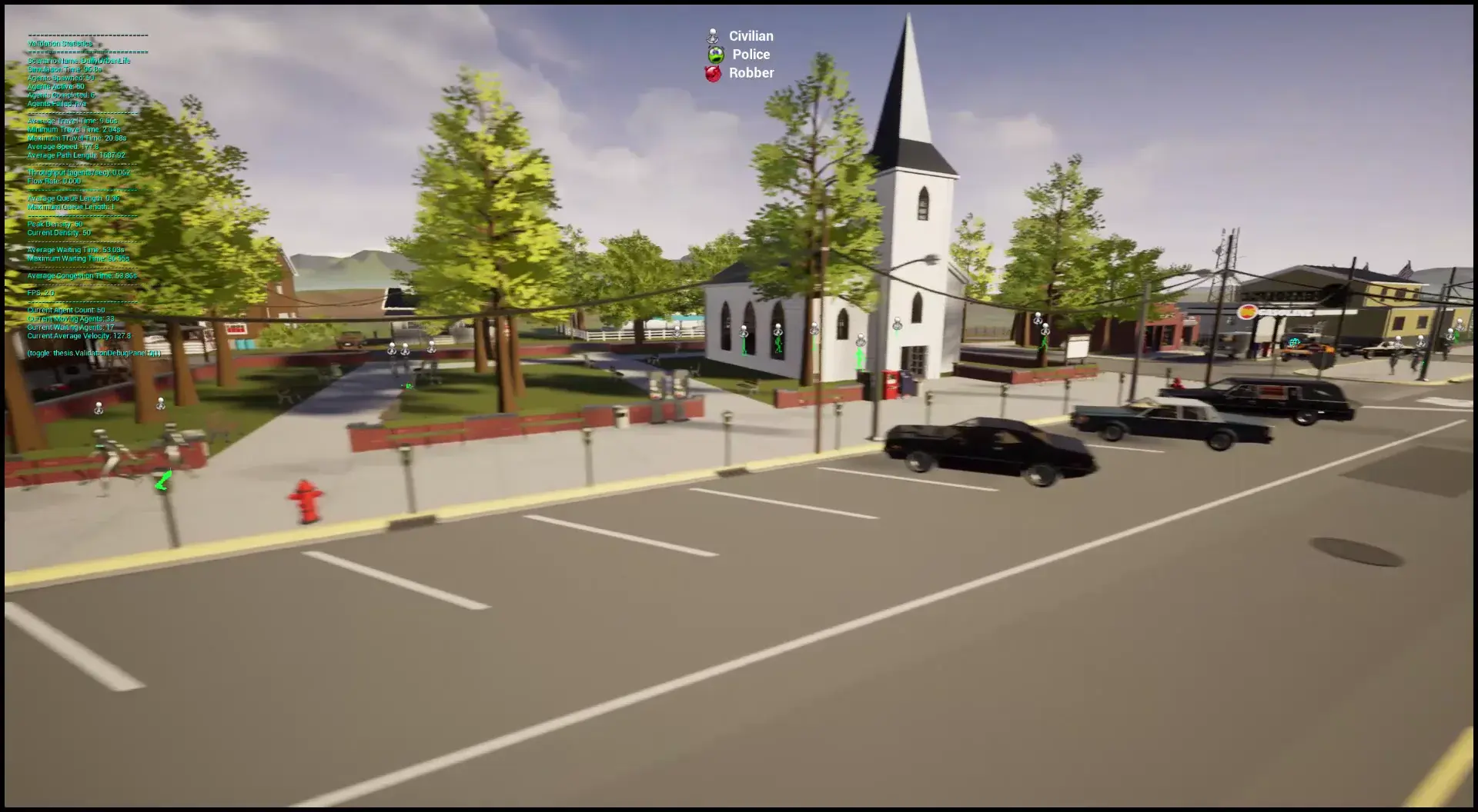 Wide town view with concurrent AI schedules