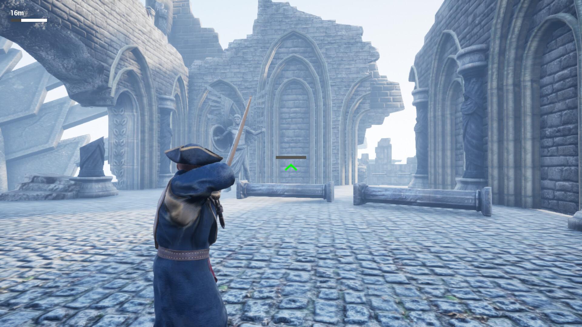 Bow combat in ruined courtyard